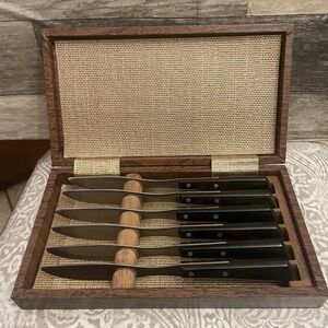 Vintage West Bend Steak Knife Set of 6 Stainless USA Wood Box Mid Century Modern